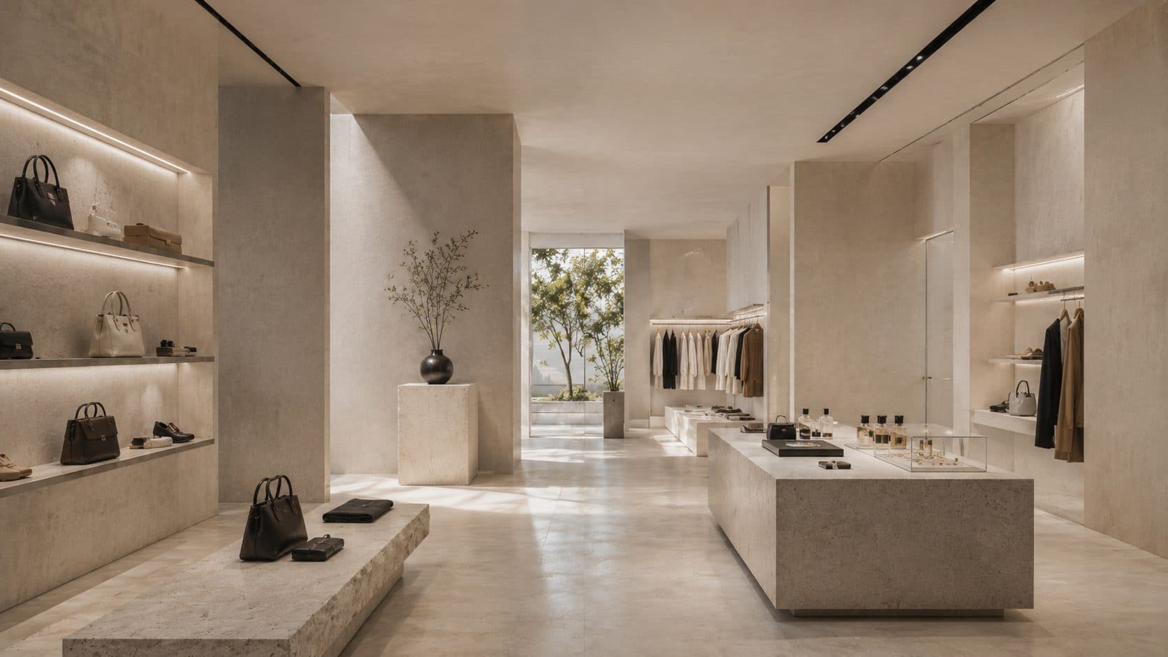 Luxury boutique interior in pale travertine stone, leather bags and garments on lit shelves, soft daylight through a tree-lined window